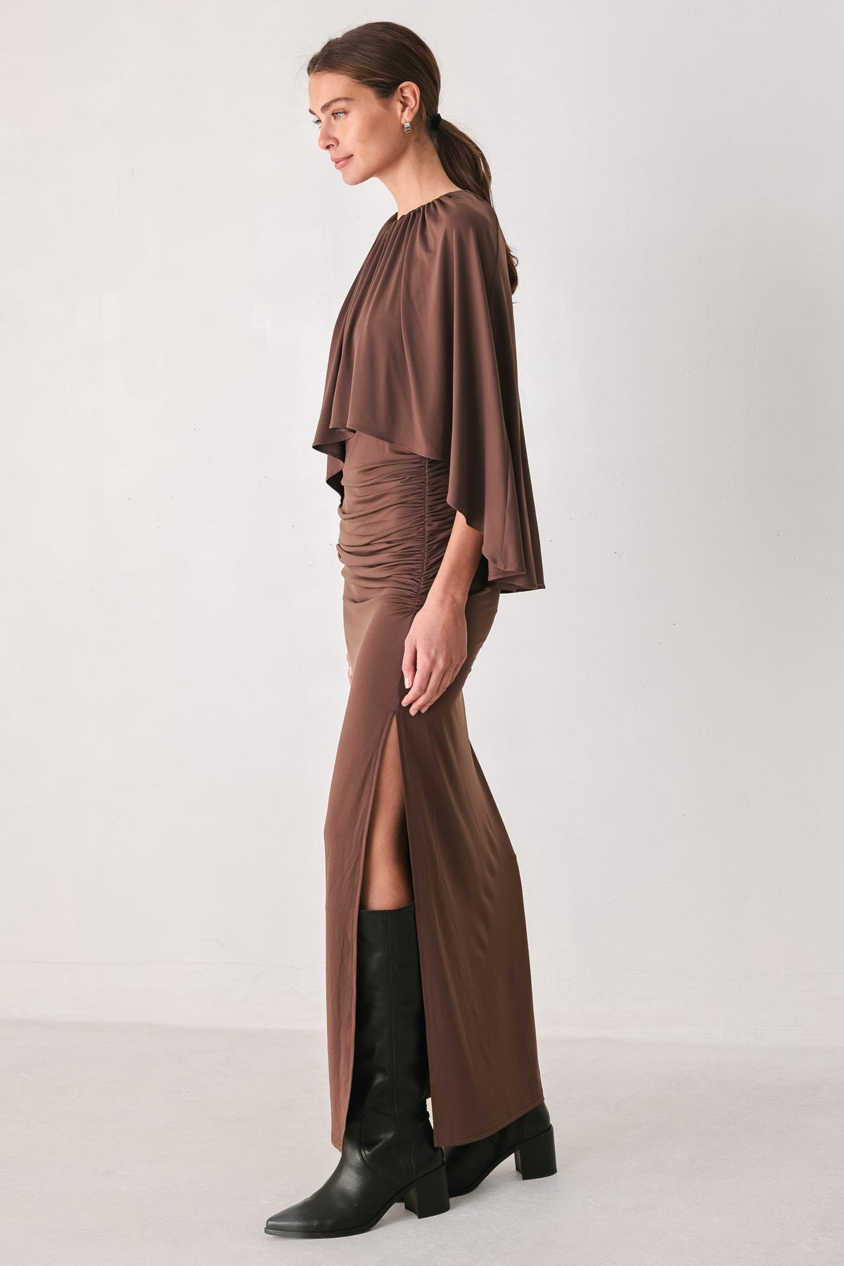 DUSTY ROSE DRAPE CAPLET SHIRRED MIDI DRESS