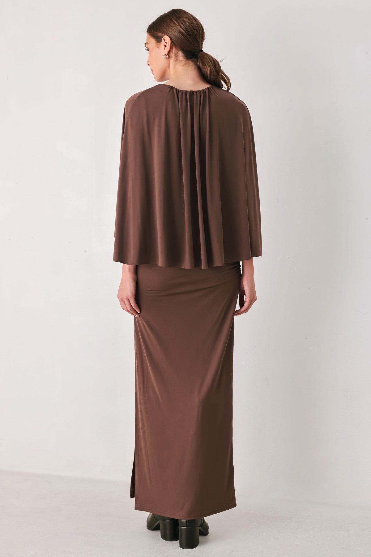 DUSTY ROSE DRAPE CAPLET SHIRRED MIDI DRESS