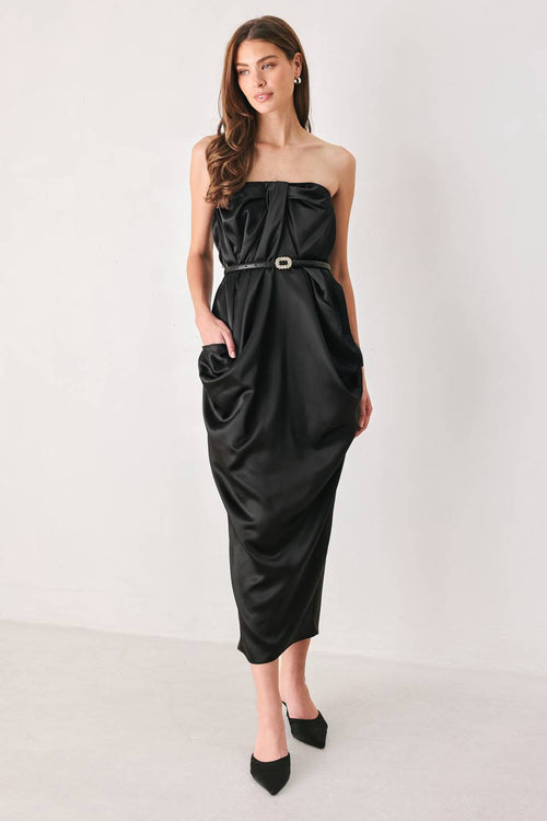 Black Strapless Ruched Tulip Skirt Belted Midi Dress in Black, front view | Lady Black Tie