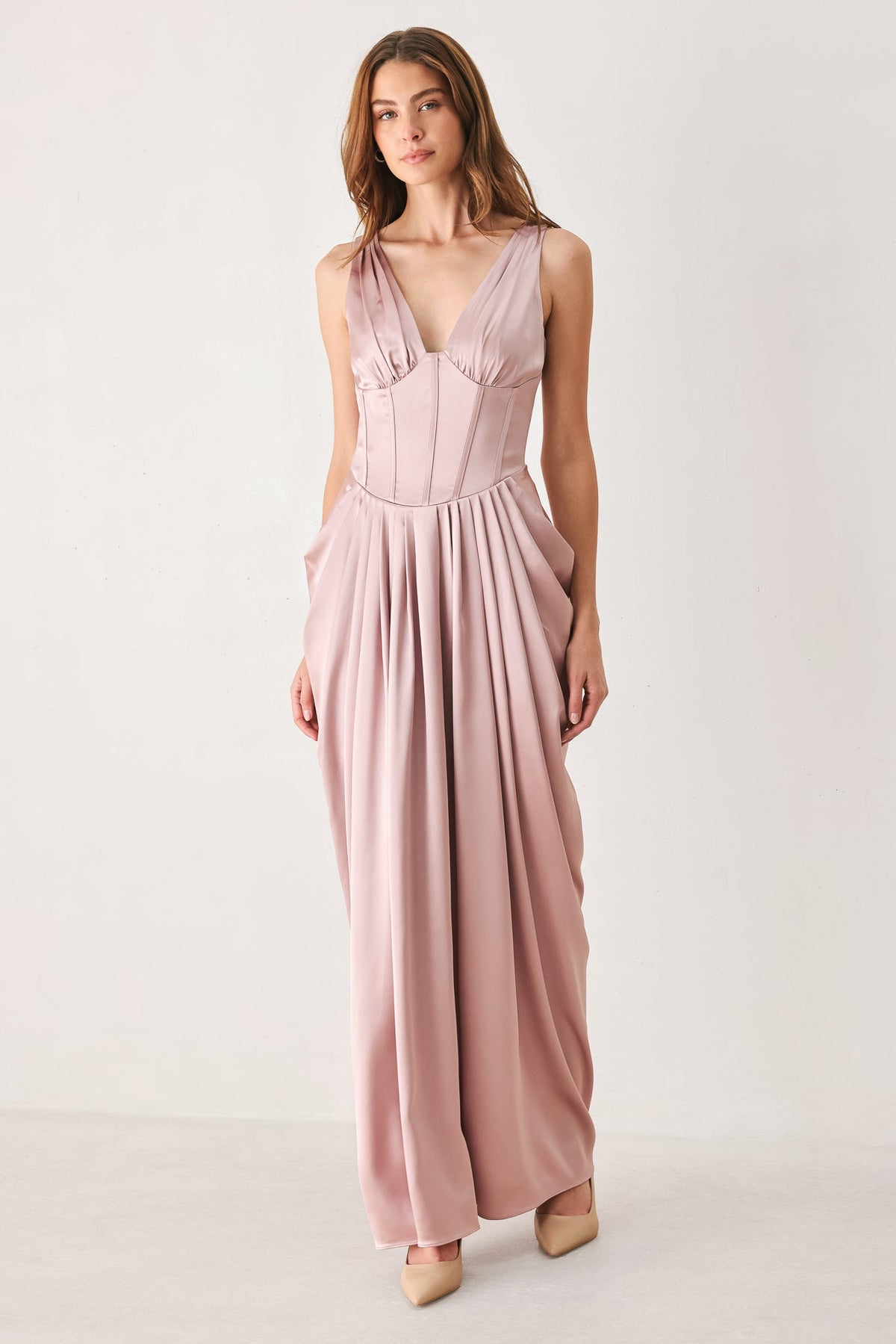 Pink V-Neck Corset Draped Maxi Dress in Pink, front view | Lady Black Tie