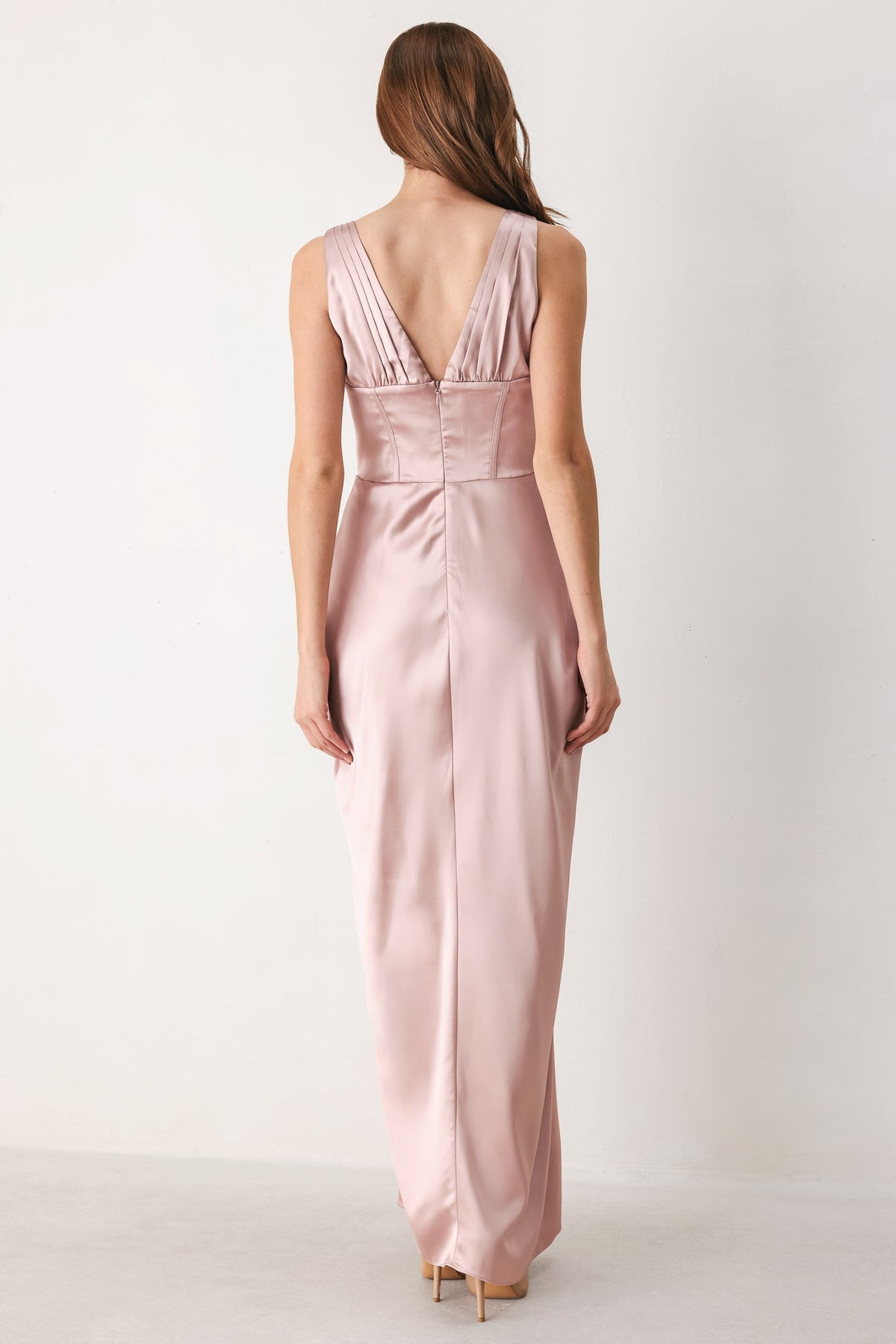 Pink V-Neck Corset Draped Maxi Dress in Pink, back view | Lady Black Tie