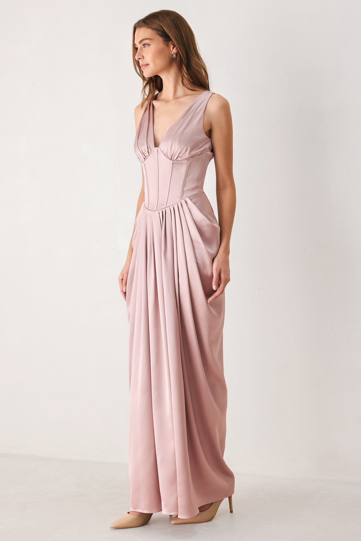 Pink V-Neck Corset Draped Maxi Dress in Pink, three-quarter view | Lady Black Tie