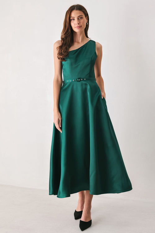 Emerald Green One Shoulder Belted Midi Dress in Green, front view | Lady Black Tie