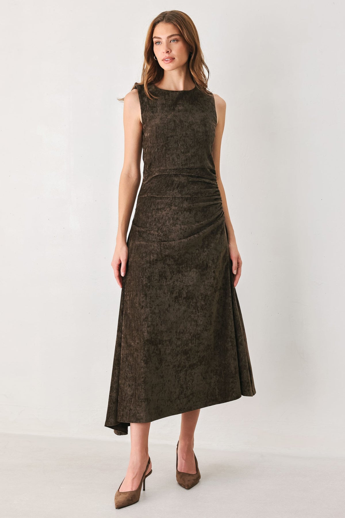 Brown Chenille Ruched Twist Open Back Midi Dress in Brown, front view | Lady Black Tie