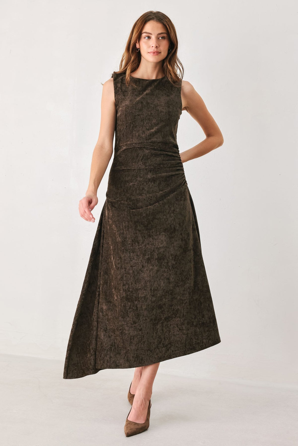 Brown Chenille Ruched Twist Open Back Midi Dress in Brown, alternate view | Lady Black Tie
