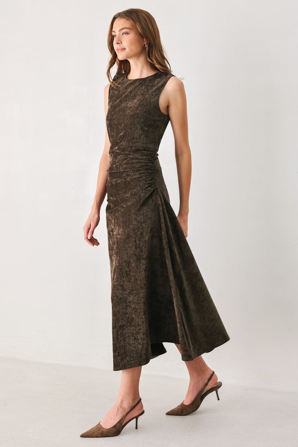 Brown Chenille Ruched Twist Open Back Midi Dress in Brown, alternate view | Lady Black Tie