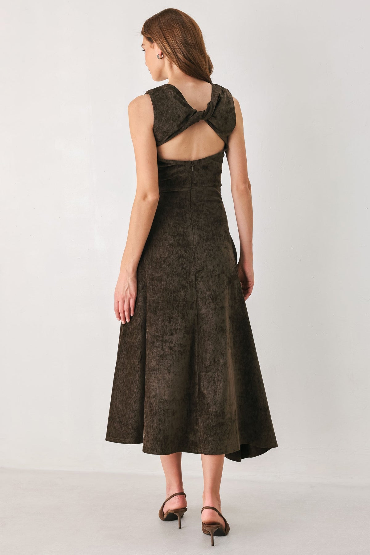 Brown Chenille Ruched Twist Open Back Midi Dress in Brown, alternate view | Lady Black Tie