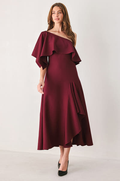 Burgundy One-Shoulder Ruffle Midi Dress