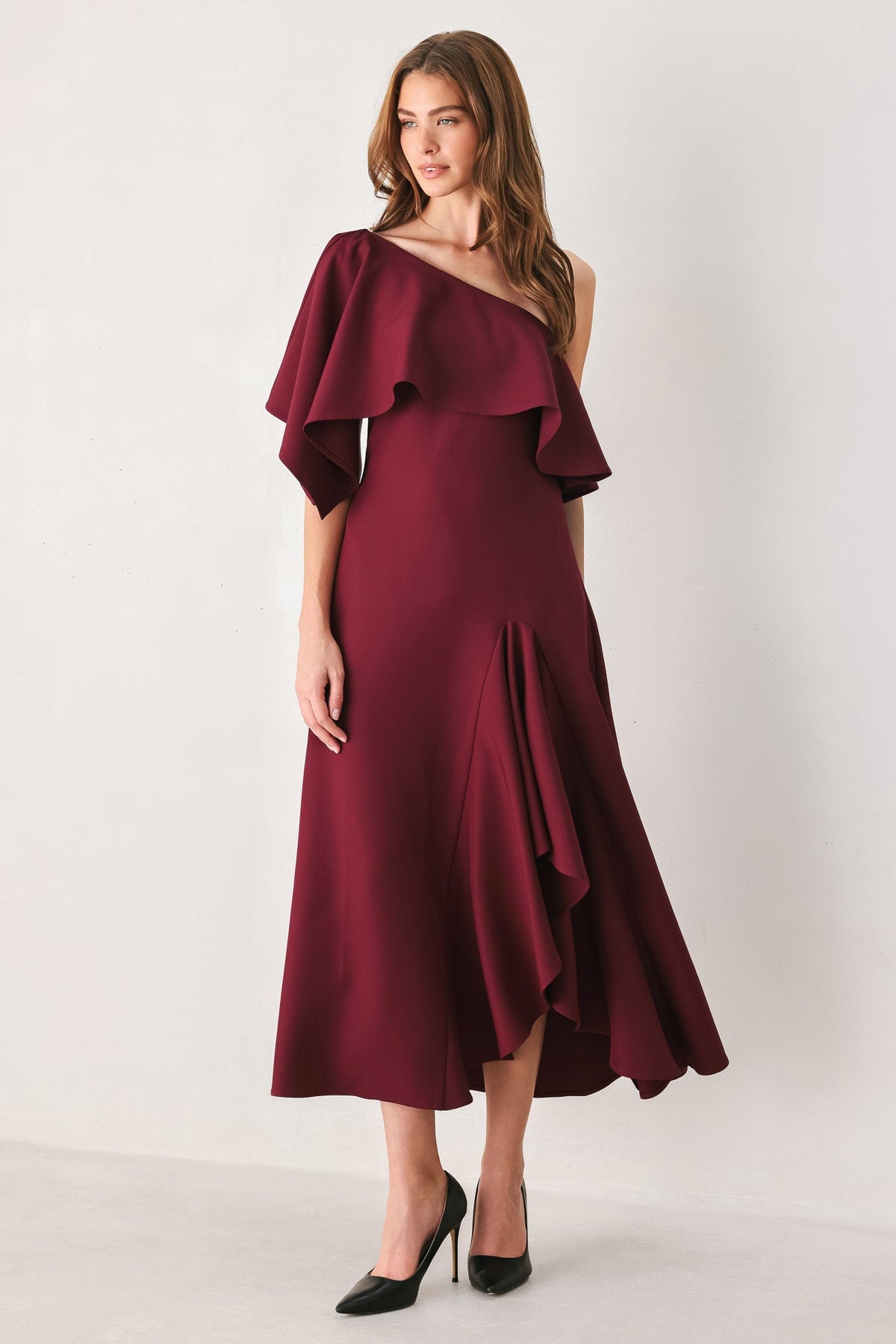 Burgundy One-Shoulder Ruffle Midi Dress in Burgundy, alternate view | Lady Black Tie