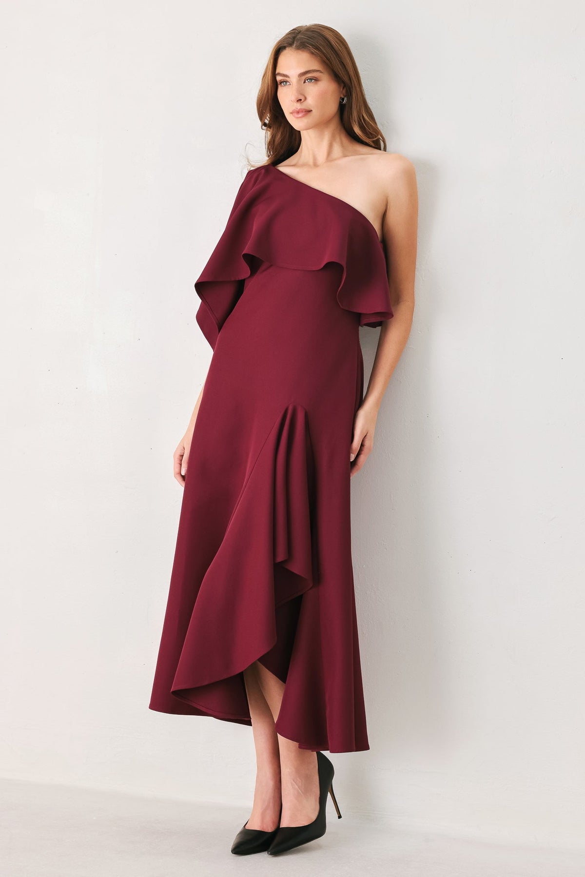 Burgundy One-Shoulder Ruffle Midi Dress in Burgundy, alternate view | Lady Black Tie
