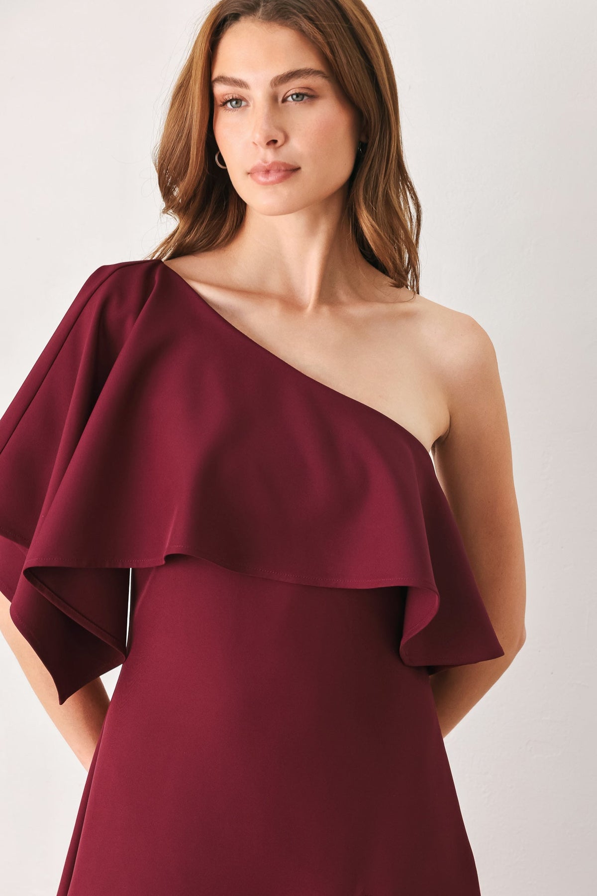 Burgundy One-Shoulder Ruffle Midi Dress in Burgundy, alternate view | Lady Black Tie