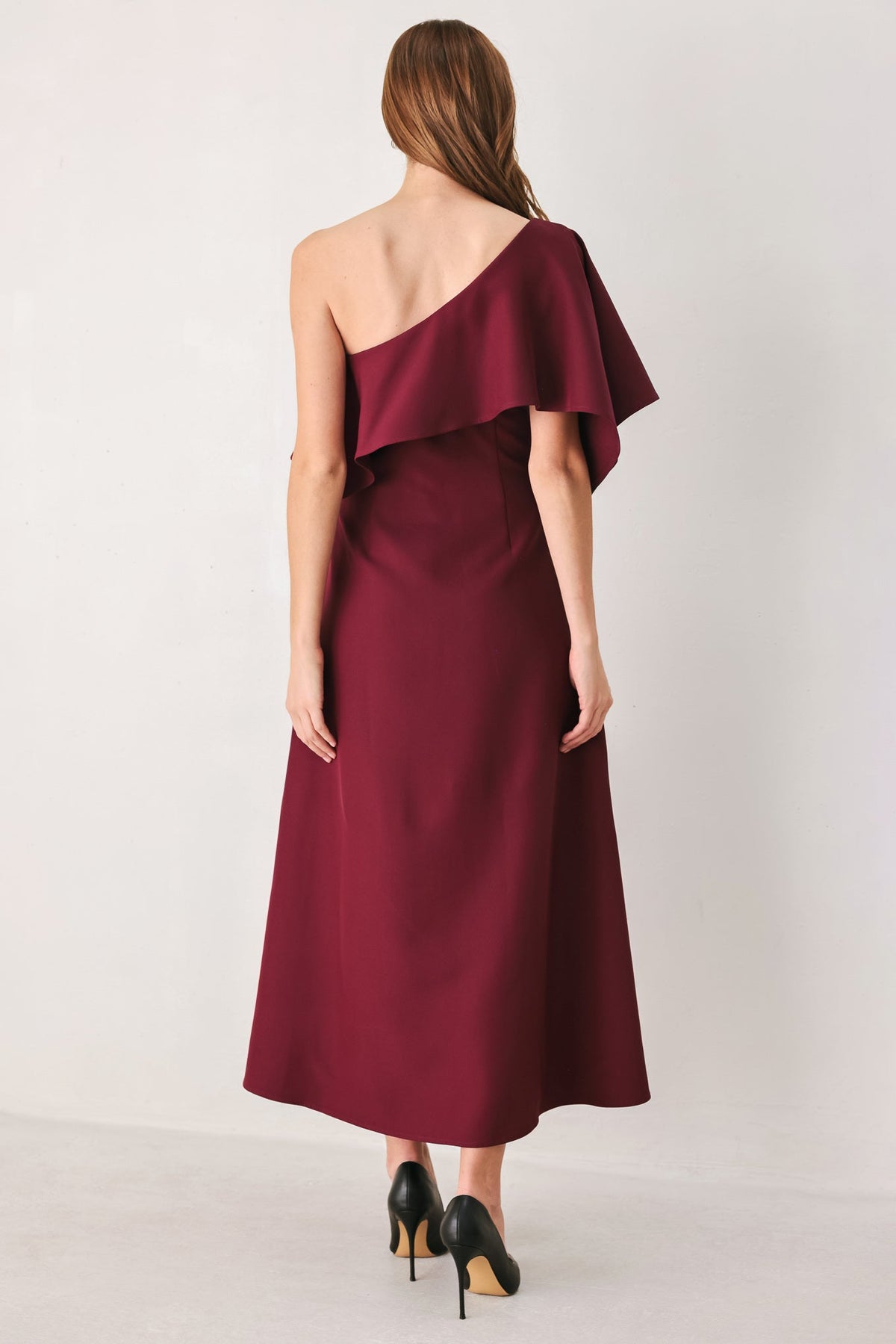 Burgundy One-Shoulder Ruffle Midi Dress in Burgundy, alternate view | Lady Black Tie