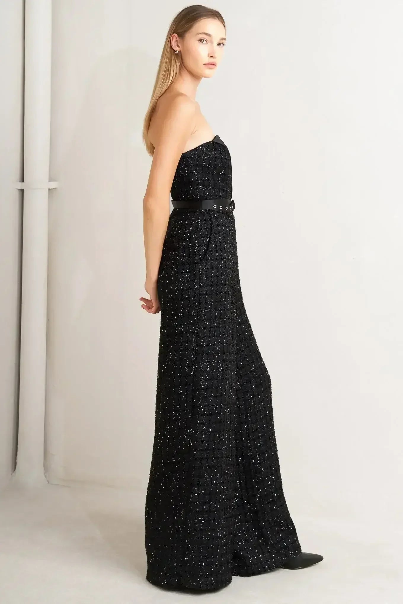 Black strapless jumpsuit with wide-leg pants