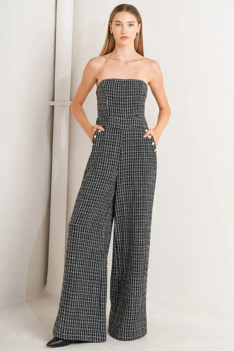 HAUTE STRAPLESS BLACK TWEED JUMPSUIT