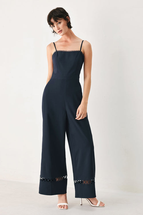 AFTER HOURS - NAVY WIDE LEG JUMPSUIT WITH LACE INSET