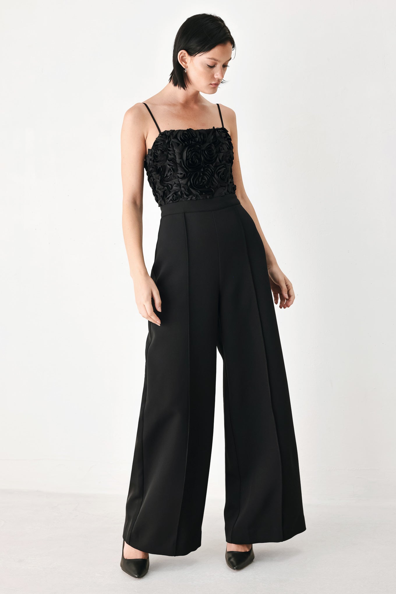 FP2438 BLACK - Rose All Night Rosette Wide Leg Jumpsuit | Lady Black Tie