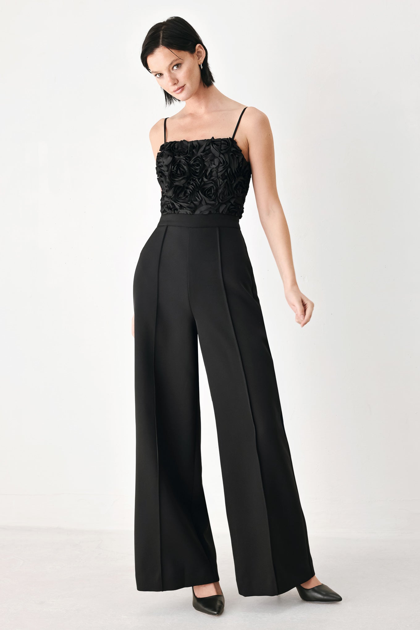 FP2438 BLACK - Rose All Night Rosette Wide Leg Jumpsuit | Lady Black Tie