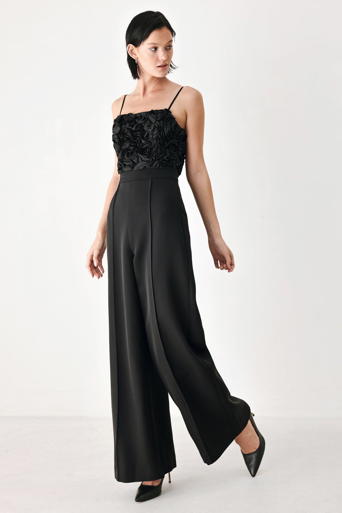 FP2438 BLACK - Rose All Night Rosette Wide Leg Jumpsuit | Lady Black Tie