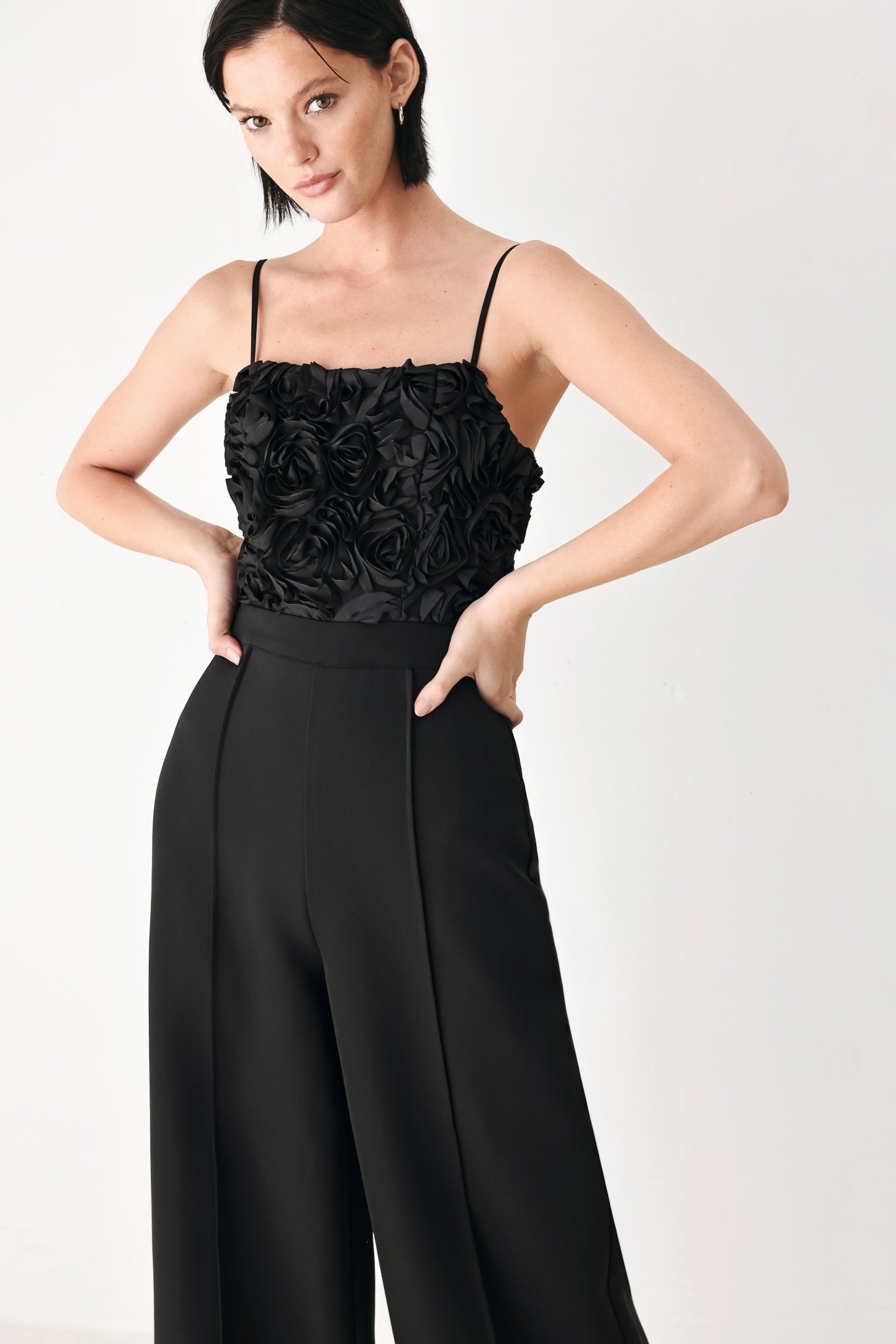 FP2438 BLACK - Rose All Night Rosette Wide Leg Jumpsuit | Lady Black Tie