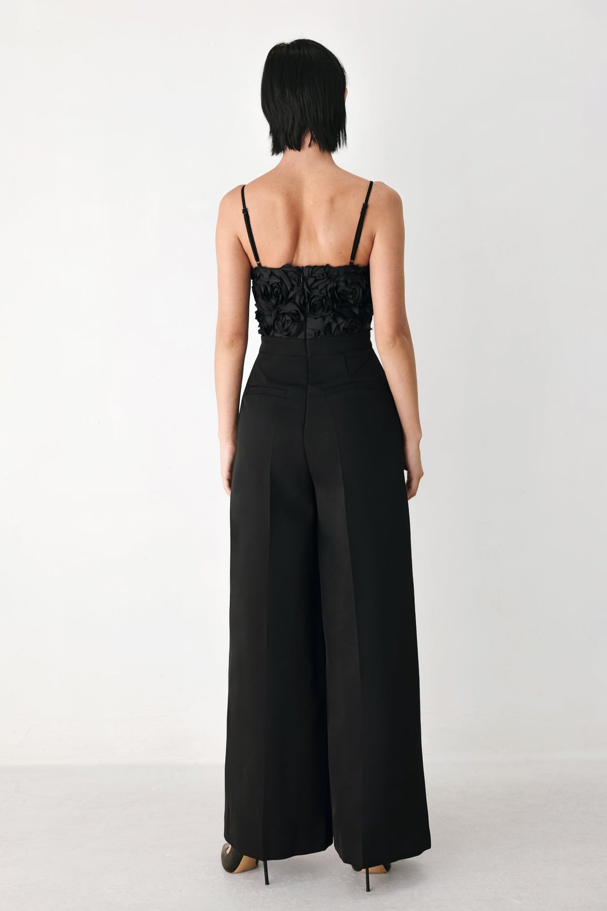 FP2438 BLACK - Rose All Night Rosette Wide Leg Jumpsuit | Lady Black Tie