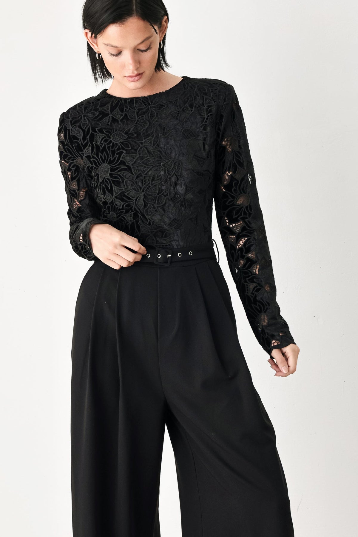 Black Lace Long Sleeve Belted Wide Leg Jumpsuit in Black, alternate view | Lady Black Tie