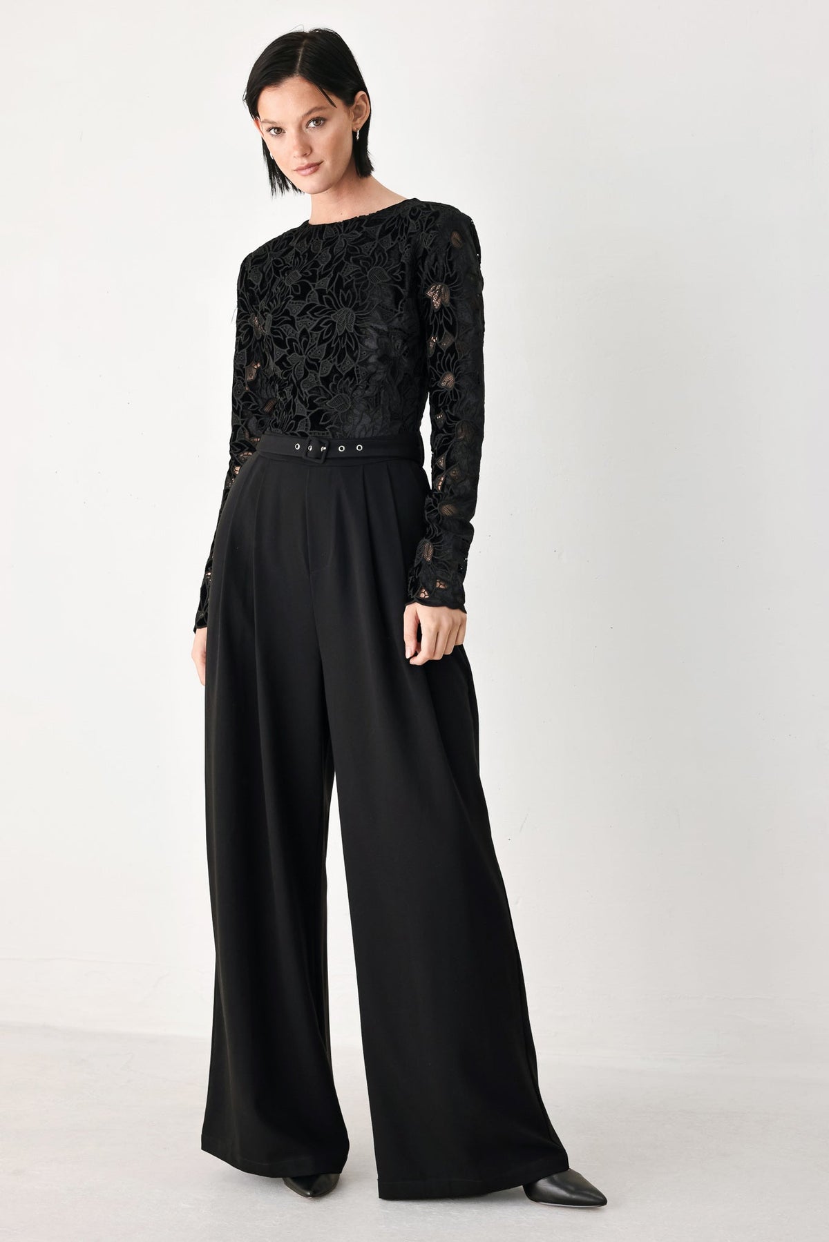 Black Lace Long Sleeve Belted Wide Leg Jumpsuit in Black, alternate view | Lady Black Tie