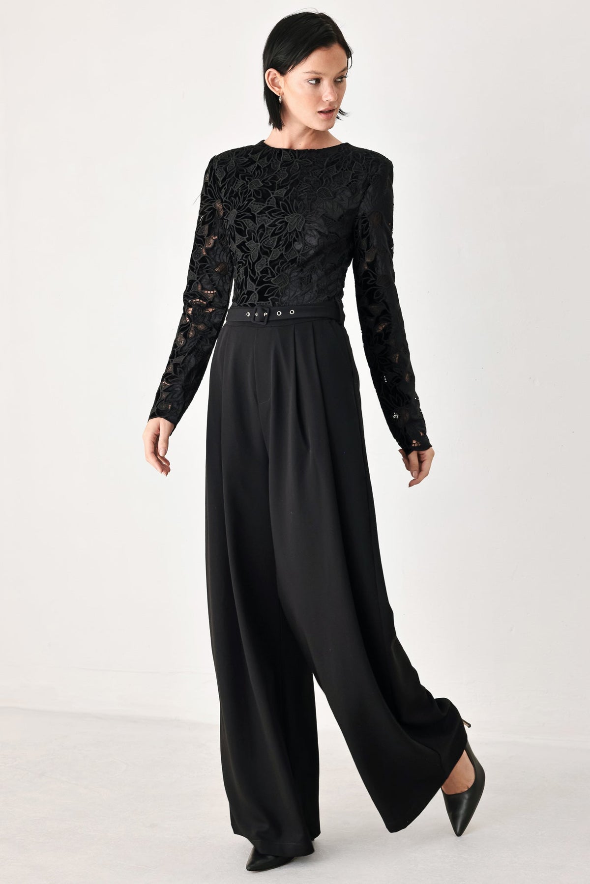 Black Lace Long Sleeve Belted Wide Leg Jumpsuit in Black, alternate view | Lady Black Tie