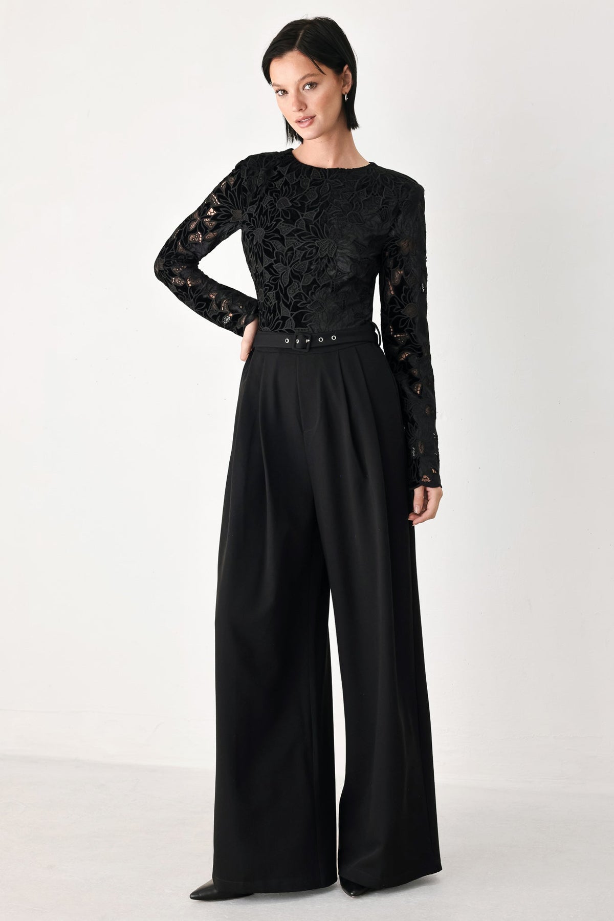 Black Lace Long Sleeve Belted Wide Leg Jumpsuit in Black, front view | Lady Black Tie