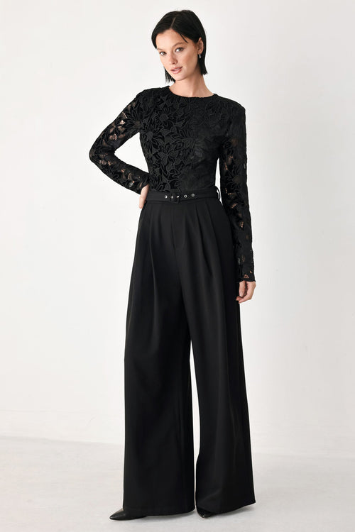 Black Lace Long Sleeve Belted Wide Leg Jumpsuit in Black, front view | Lady Black Tie