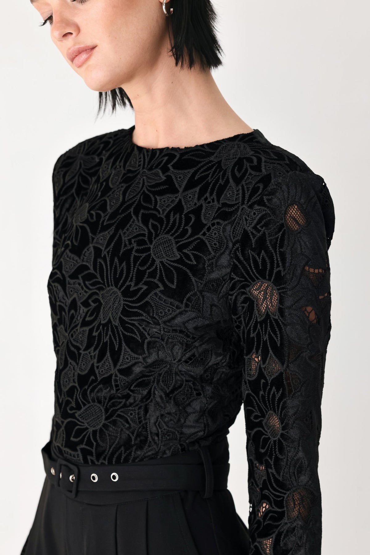 Black Lace Long Sleeve Belted Wide Leg Jumpsuit in Black, alternate view | Lady Black Tie