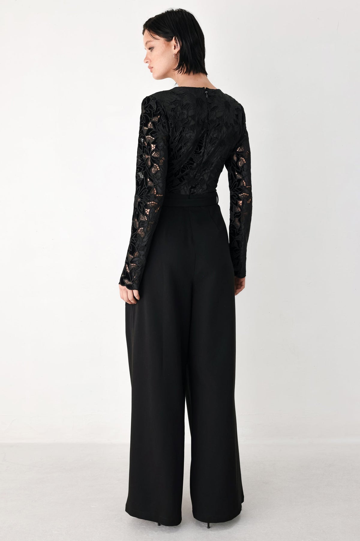 Black Lace Long Sleeve Belted Wide Leg Jumpsuit in Black, alternate view | Lady Black Tie