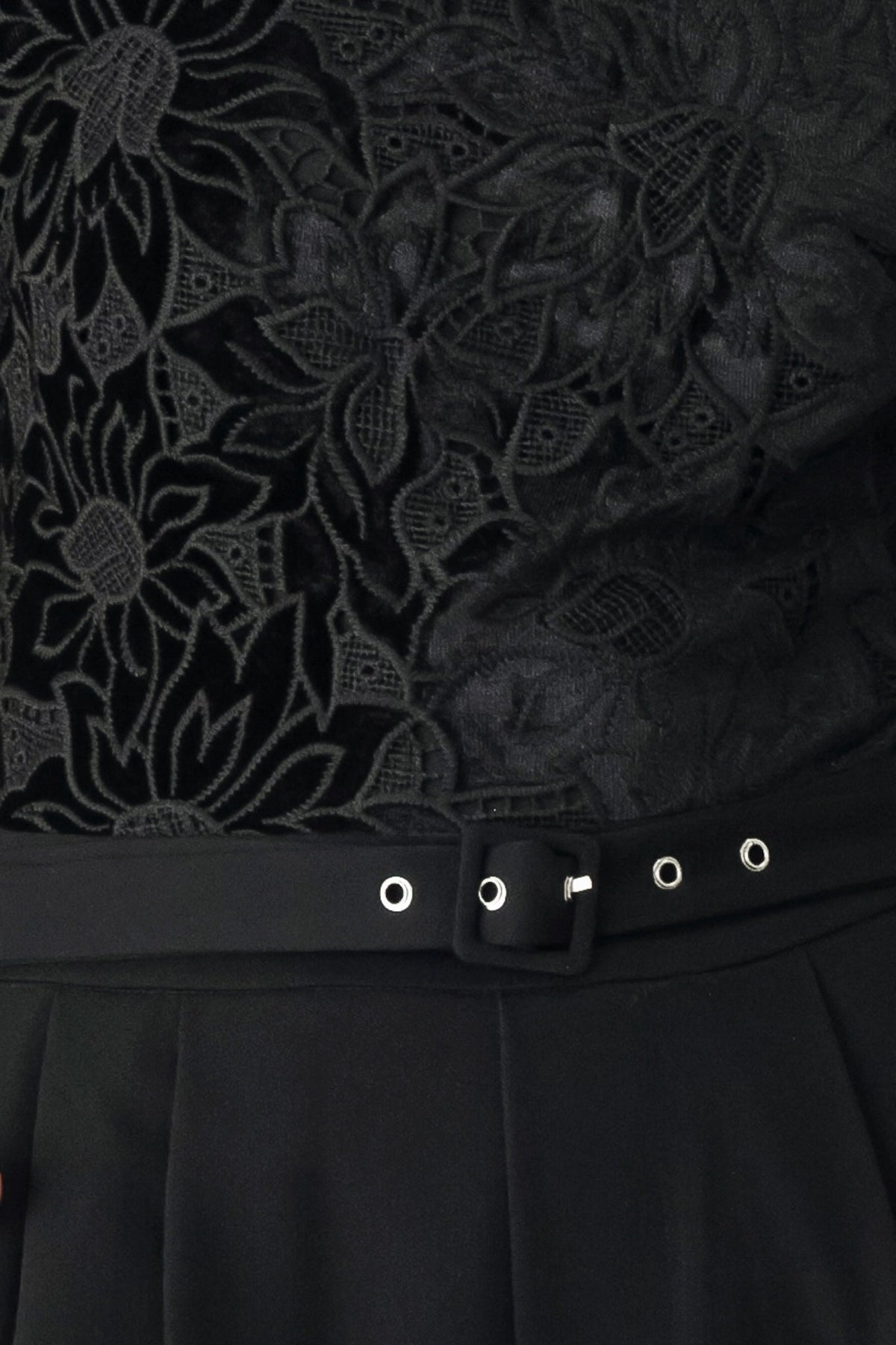 Black Lace Long Sleeve Belted Wide Leg Jumpsuit in Black, fabric close-up | Lady Black Tie