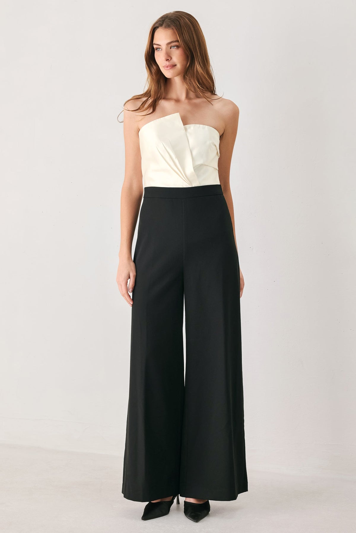 Tuxedo Hour Black/Cream Strapless Wide-Leg Jumpsuit | Lady Black Tie