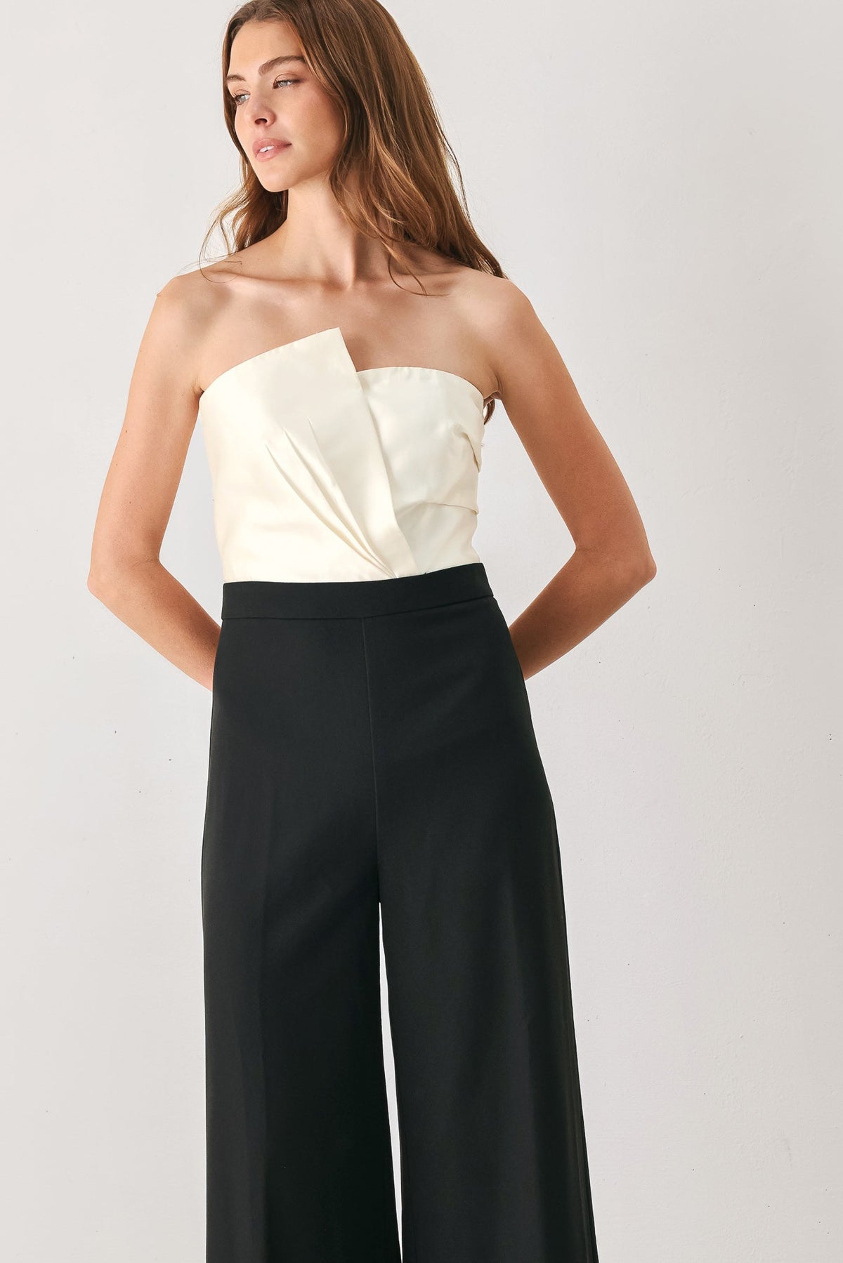 Tuxedo Hour Black/Cream Strapless Wide-Leg Jumpsuit | Lady Black Tie