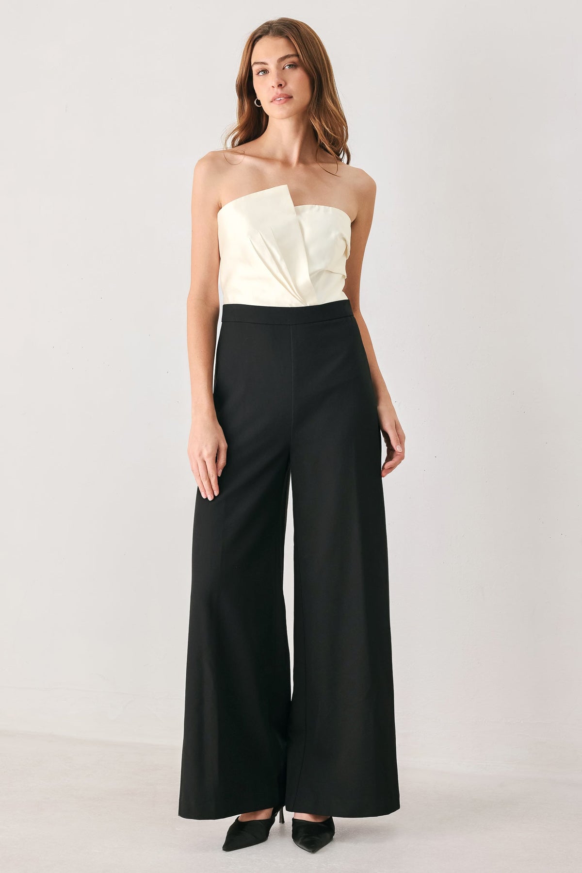 Tuxedo Hour Black/Cream Strapless Wide-Leg Jumpsuit | Lady Black Tie