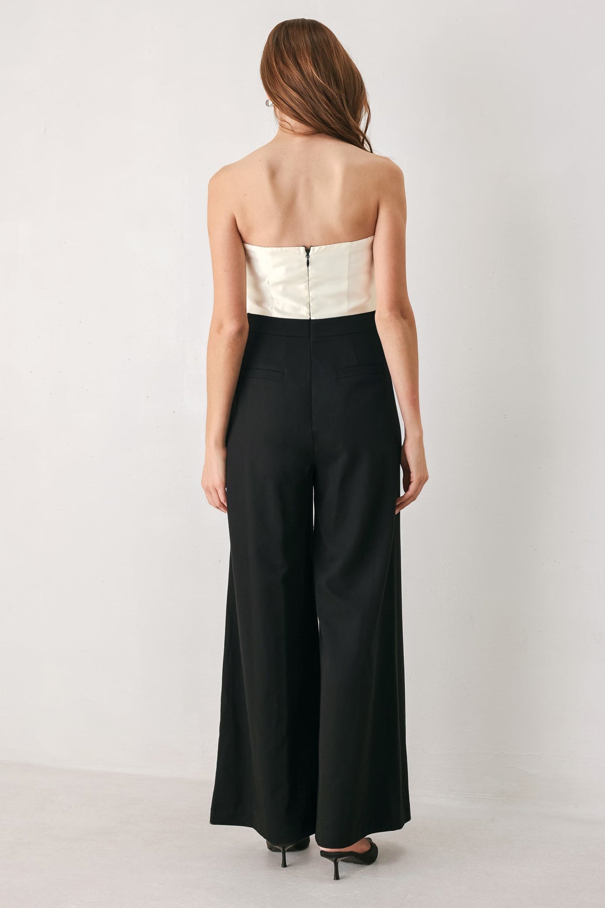 Tuxedo Hour Black/Cream Strapless Wide-Leg Jumpsuit | Lady Black Tie