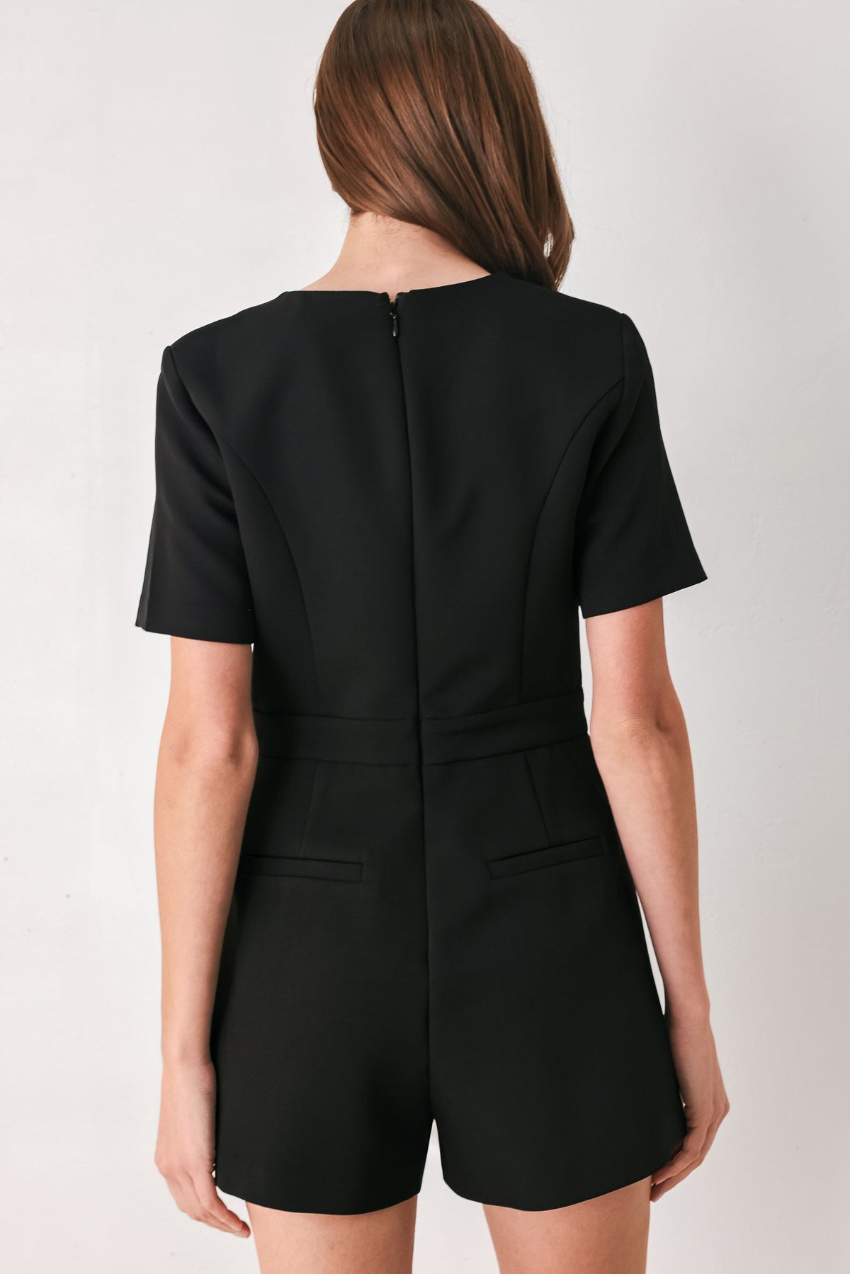 Black Rhinestone Bow Keyhole Romper in Black, back view | Lady Black Tie