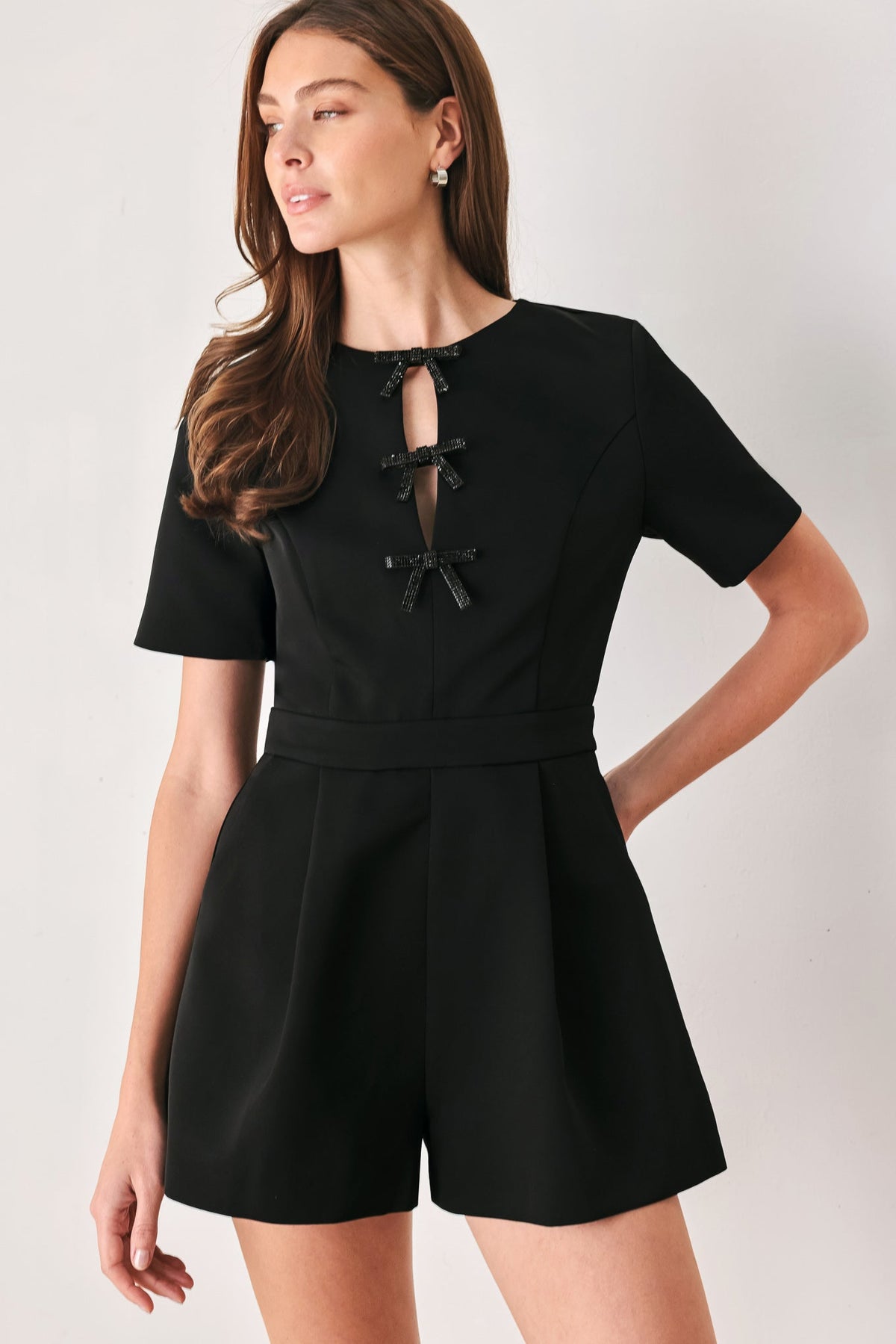 Black Rhinestone Bow Keyhole Romper in Black, three-quarter view | Lady Black Tie
