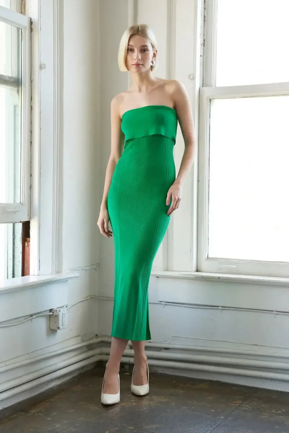 MELODIE STRAPLESS GREEN SWEATER DRESS