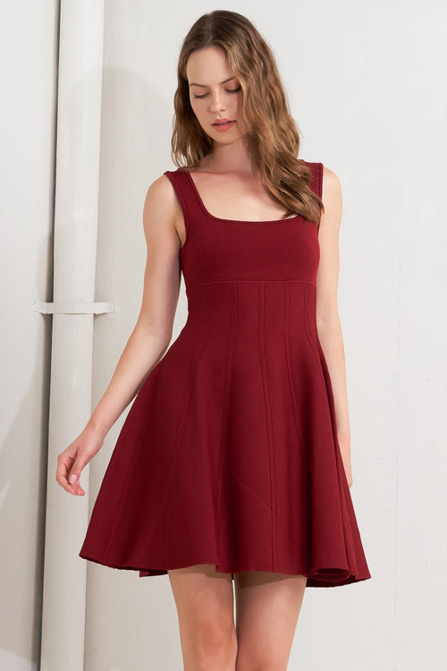 Burgundy Square Neck Sweater Knit Skater Mini Dress in Burgundy, front view | Lady Black Tie