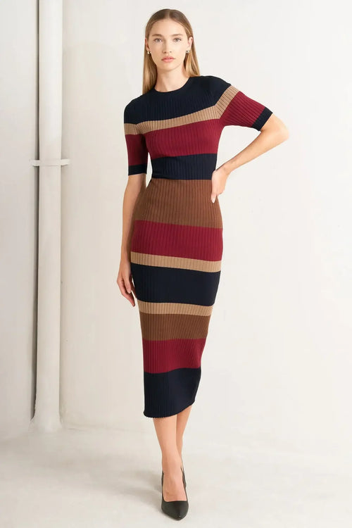 BLACK & BURGUNDY COLOR BLOCKED MIDI SWEATER DRESS