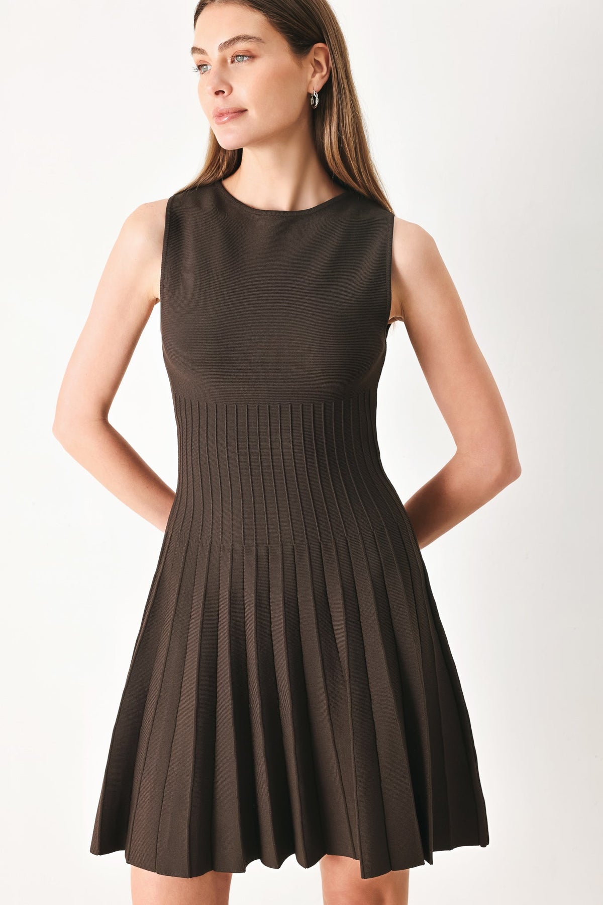 FSW1453 BROWN - Cocoa Luxe Drop-Waist Sweater Mini Dress | Lady Black Tie