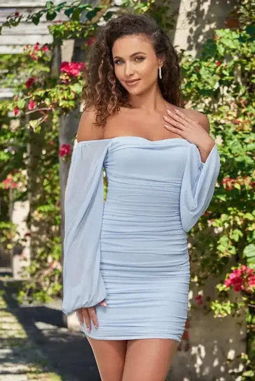 Lucia Sheer Sleeve Ruched Mini Dress - Light Blue