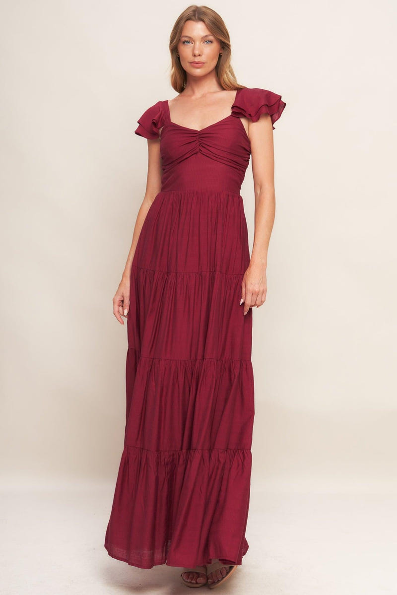 SUMMER EVERMORE - DEEP RED FLUTTER SLEEVE MAXI DRESS