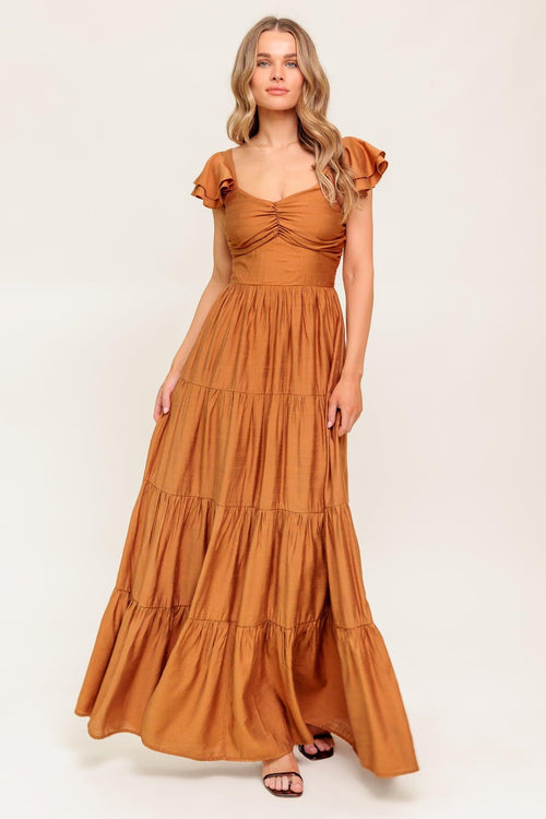 SUMMER EVERMORE - RUST FLUTTER SLEEVE MAXI DRESS