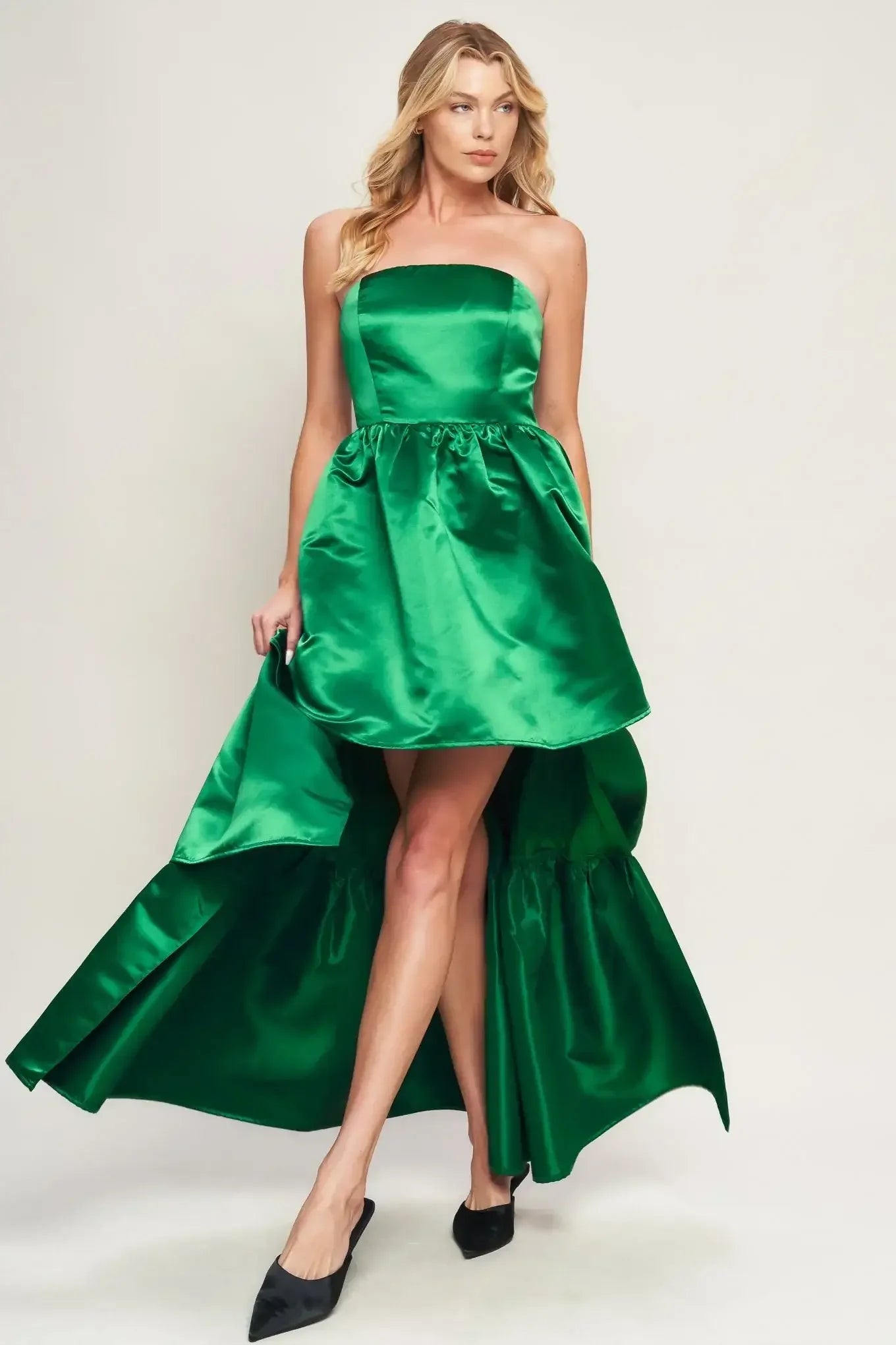 STRAPLESS GREEN SATIN MAXI DRESS WITH HIGH LOW HEM