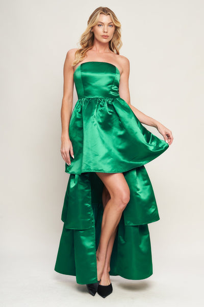 perfectly classy emerald green satin strappy maxi dress Lady Black Tie - Strapless Green Satin Maxi Dress With High Low Hem