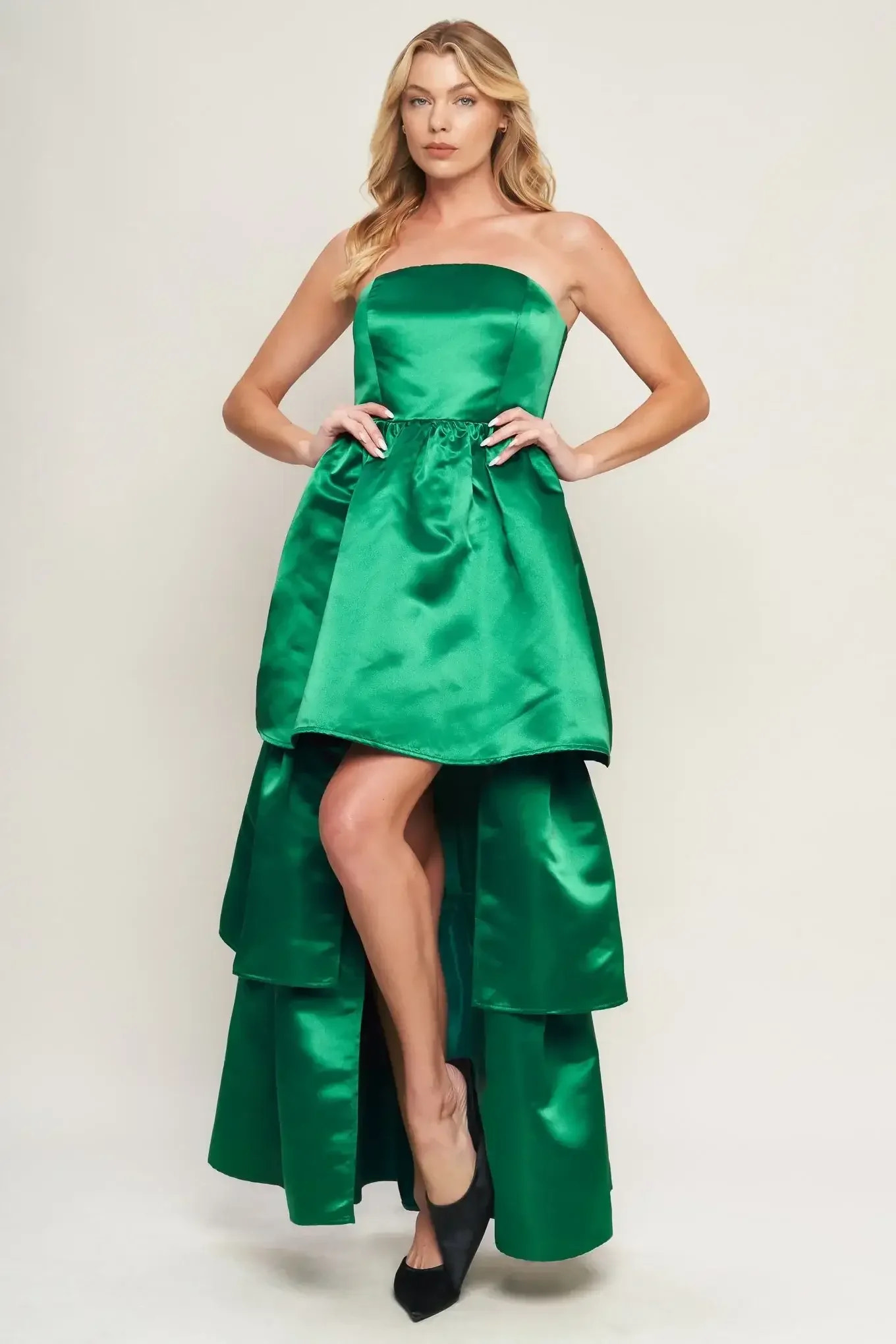 STRAPLESS GREEN SATIN MAXI DRESS WITH HIGH LOW HEM