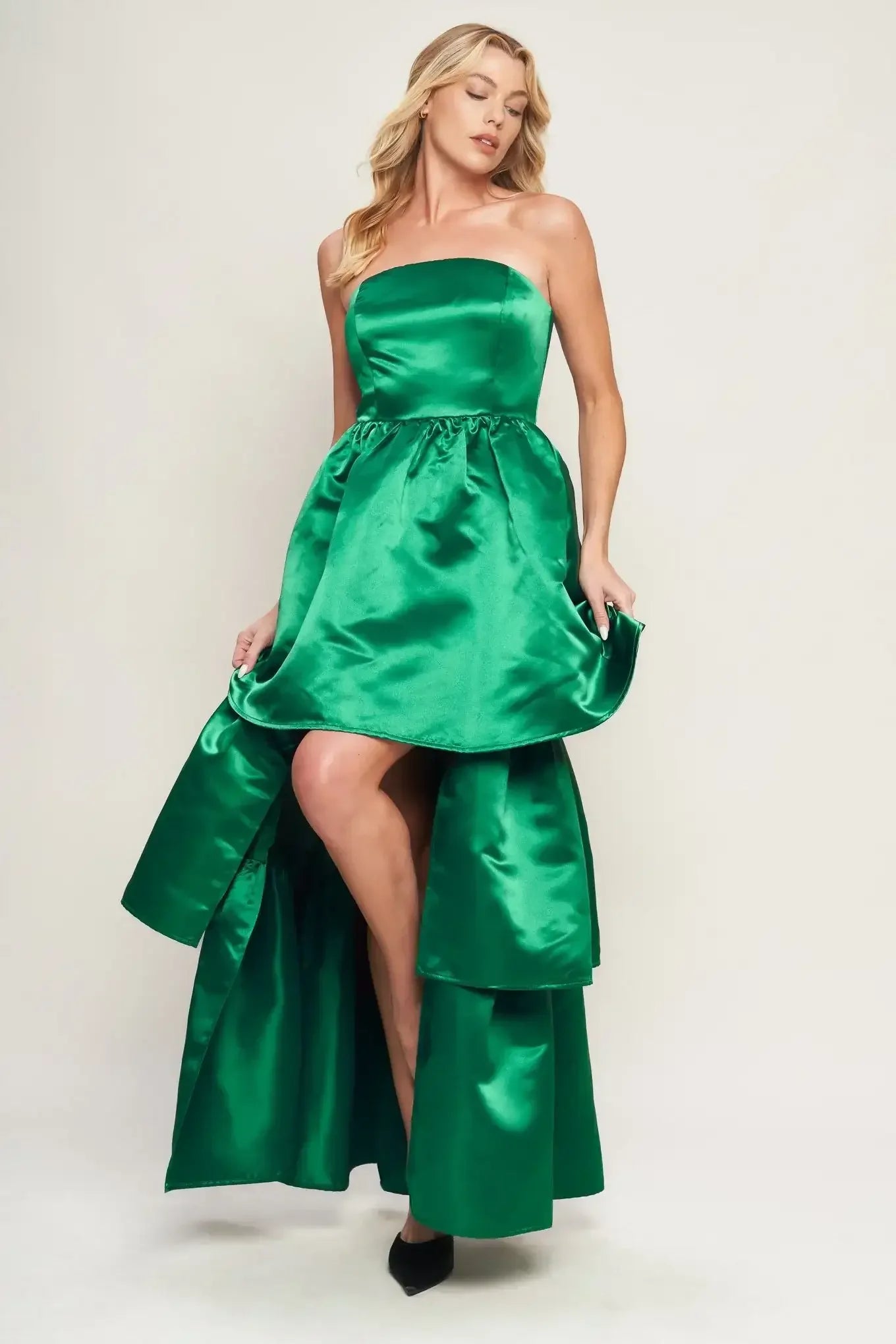 STRAPLESS GREEN SATIN MAXI DRESS WITH HIGH LOW HEM