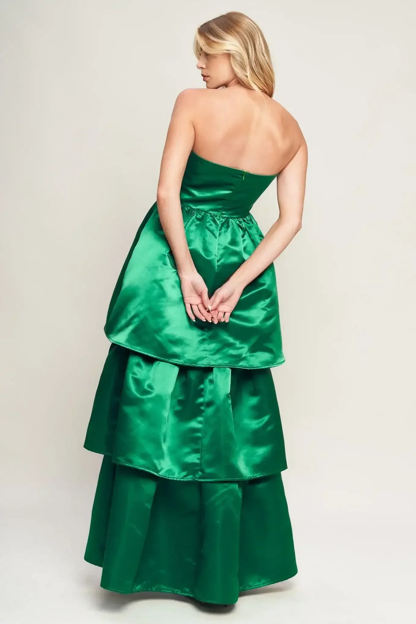 STRAPLESS GREEN SATIN MAXI DRESS WITH HIGH LOW HEM